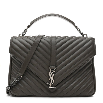 Sheepskin Matelasse Chevron Monogram Large College Satchel Dark Anthracite