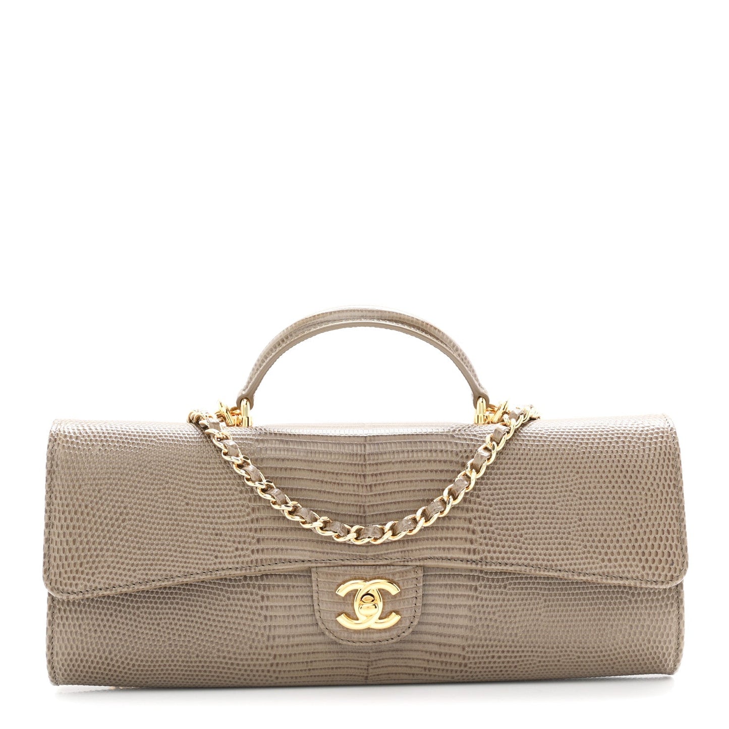 Calfskin Lizard Embossed Clutch With Chain Dark Khaki