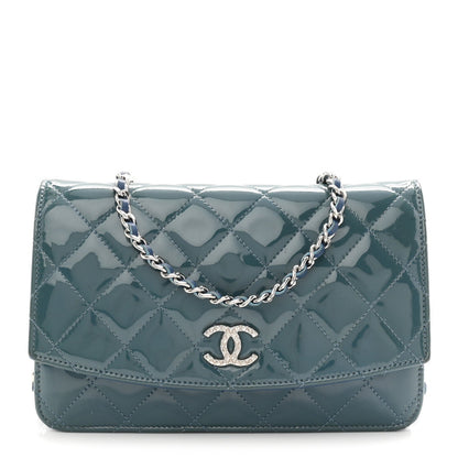 Patent Quilted Brilliant Wallet On Chain WOC Blue