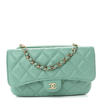 Caviar Quilted Flap Phone Holder With Chain Turquoise
