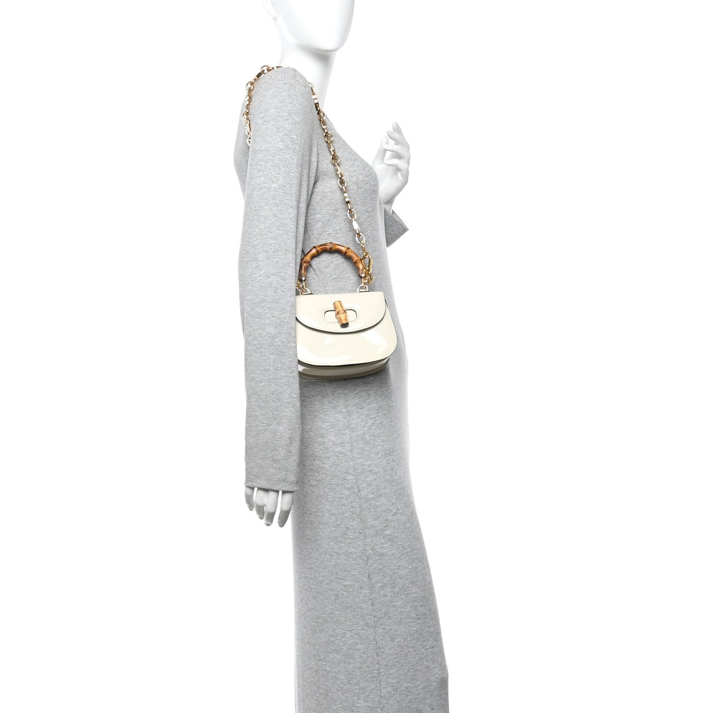 Patent Crystal Mini Bamboo 1947 Top Handle Chain Bag White