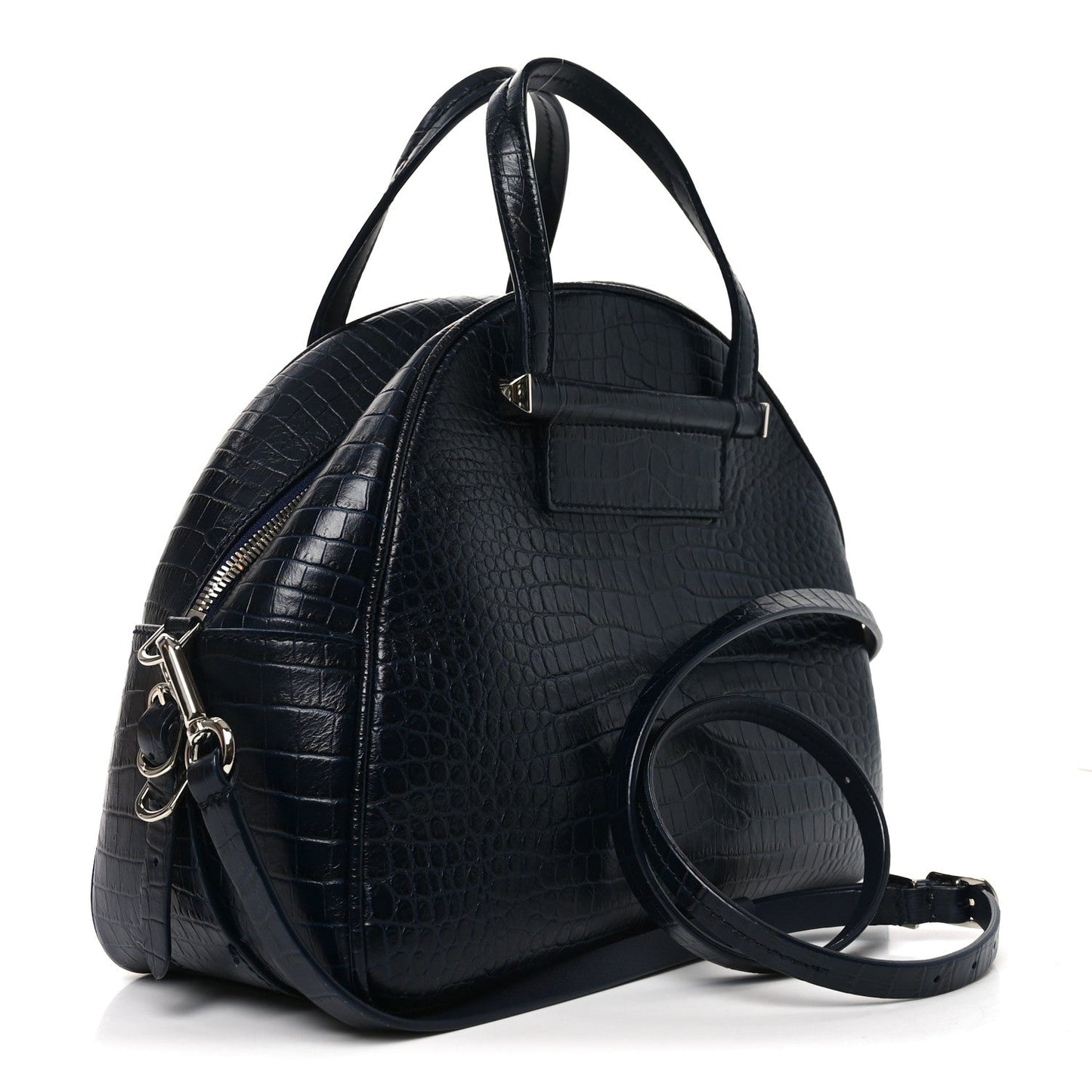 Calfskin Crocodile Embossed Small Varenne Bowling Bag Navy