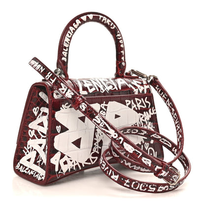 Crocodile Embossed Calfskin Graffiti Hourglass Top Handle Bag XS Dark Red White