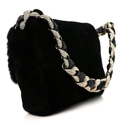 Shearling Lambskin Crystal Strass Flap Black