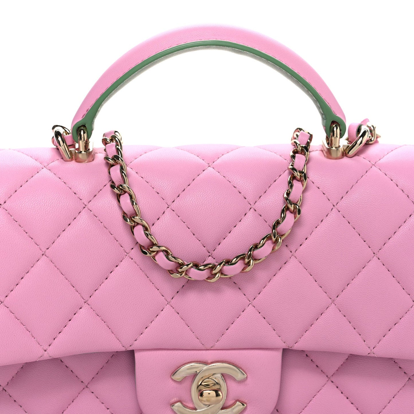Lambskin Quilted Mini Top Handle Rectangular Flap Pink Green