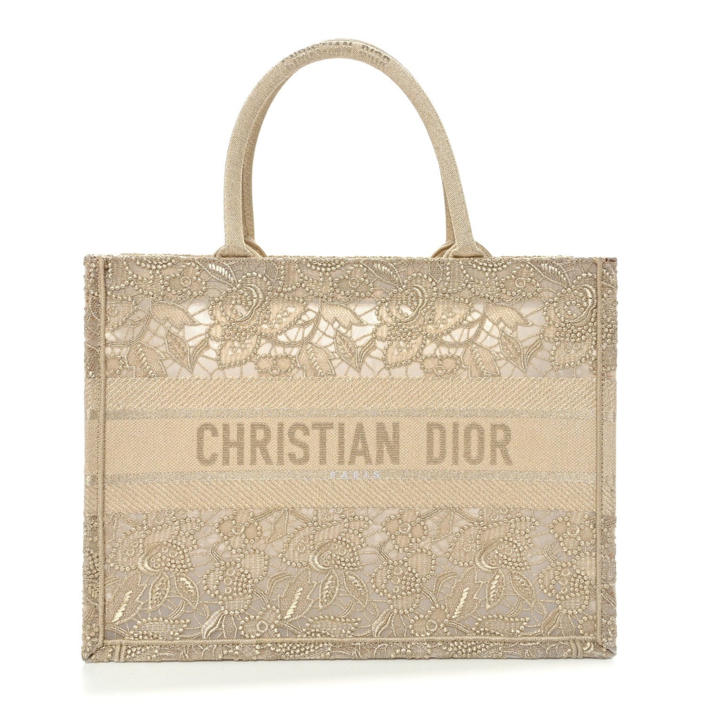 Transparent Metallic Embroidered Mesh Macrame Medium Book Tote Gold