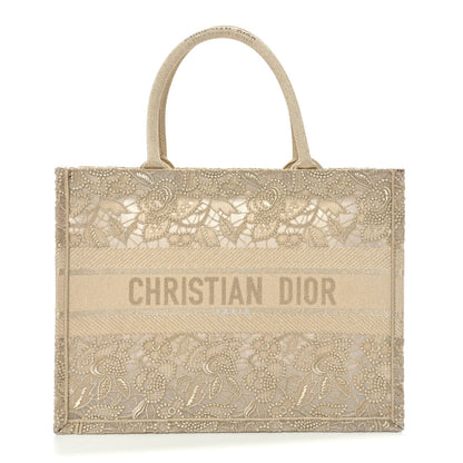 Transparent Metallic Embroidered Mesh Macrame Medium Book Tote Gold