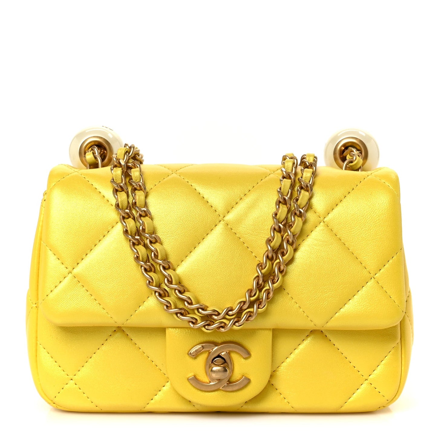 Pearly Lambskin Pearl Quilted Mini Flap Yellow