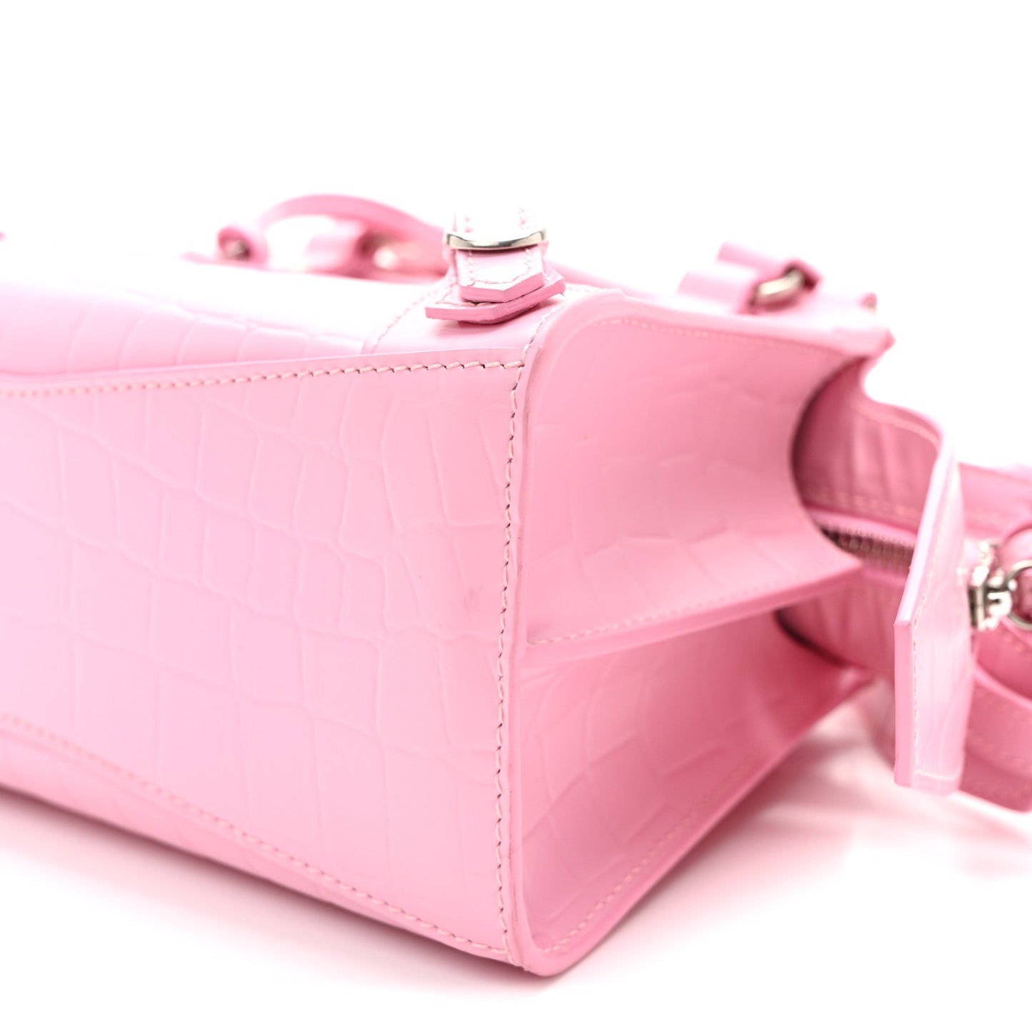 Semi Shiny Calfskin Crocodile Embossed Neo Classic Silver Hardware Mini City Pink