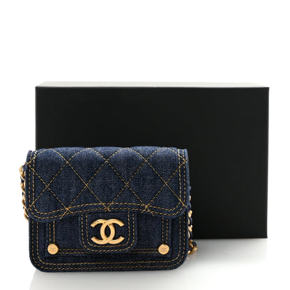 Denim Quilted Double You Card Holder On Chain Blue