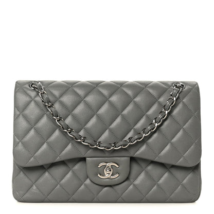 Caviar Quilted Jumbo Double Flap Grey