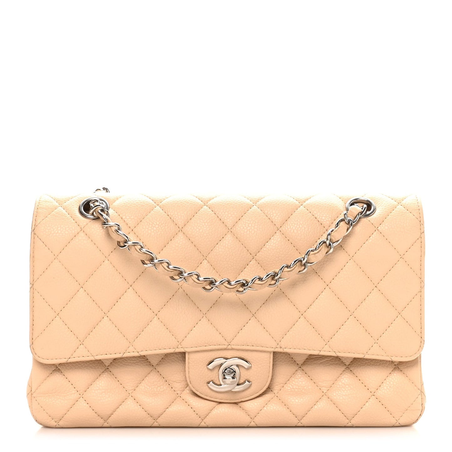 Caviar Quilted Medium Double Flap Beige