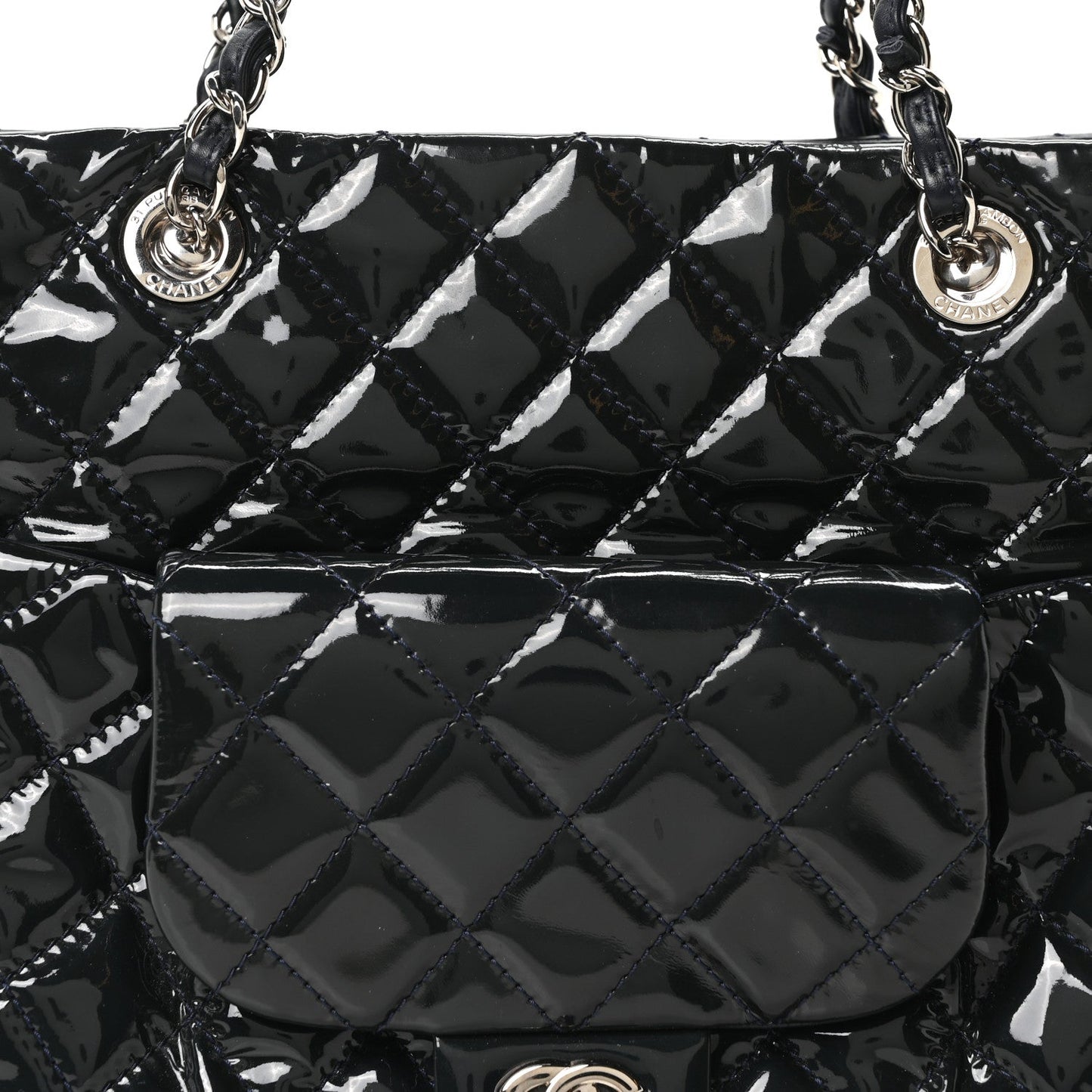 Patent Quilted Large Coco Shine Shopping Tote Navy