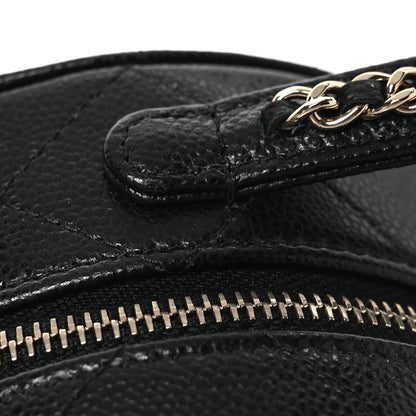 Caviar Quilted Round Top Handle Jewelry Case With Chain Black