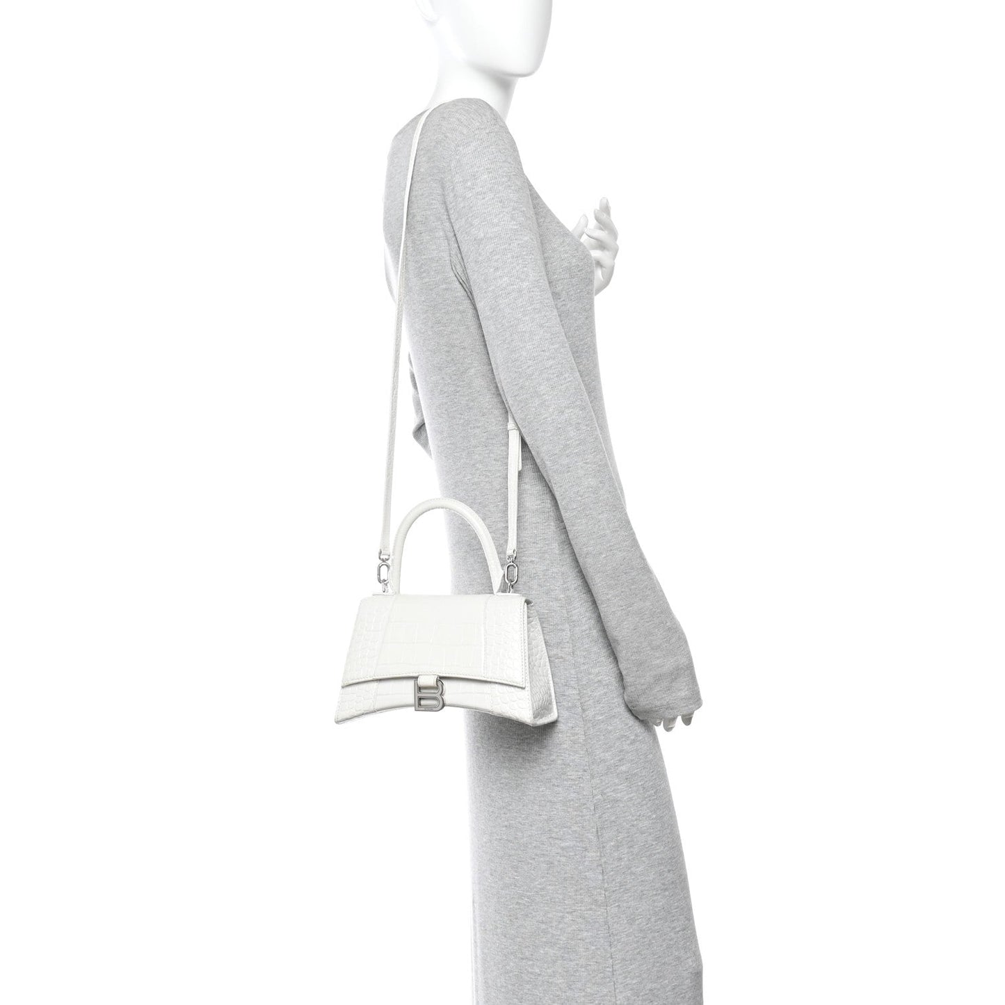 Calfskin Crocodile Embossed Small Hourglass Top Handle Bag White