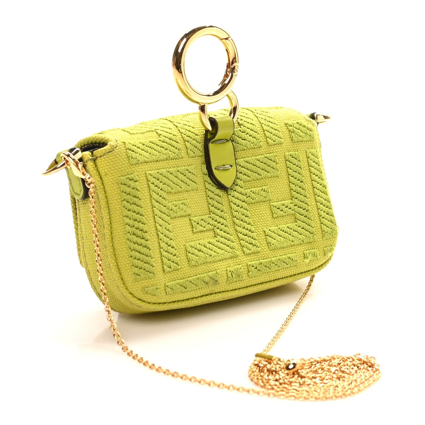 Canvas Vitello King FF Embroidered Nano Maxi Buckle Baguette Charm Wasabi