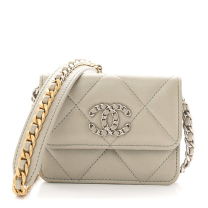 Lambskin Quilted Chanel 19 Flap Coin Purse With Chain Grey