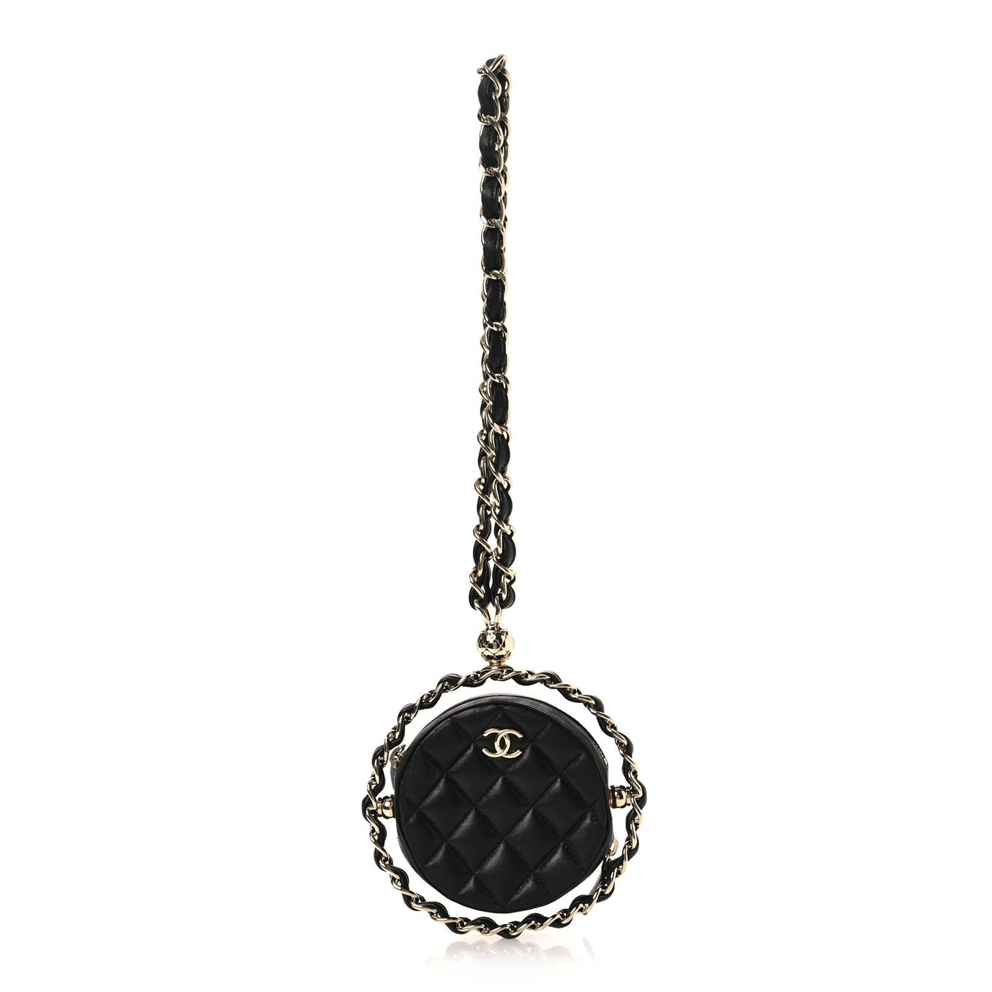 Lambskin Quilted Chain Round Mini Clutch Black