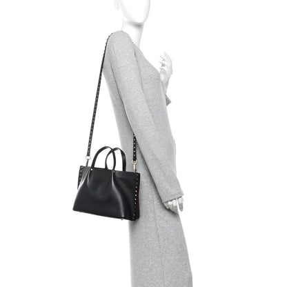 Pebbled Calfskin Small Rockstud Crossbody Tote Black