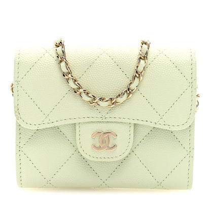 Caviar Quilted Flap Card Holder On Chain Light Green