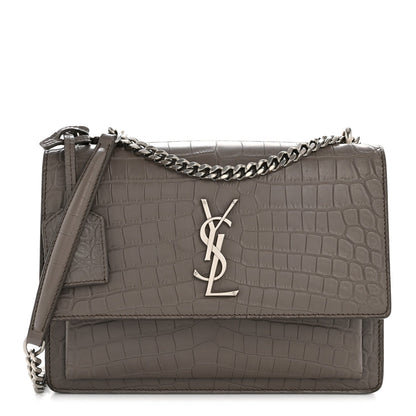 Calfskin Crocodile Embossed Medium Monogram Sunset Fog