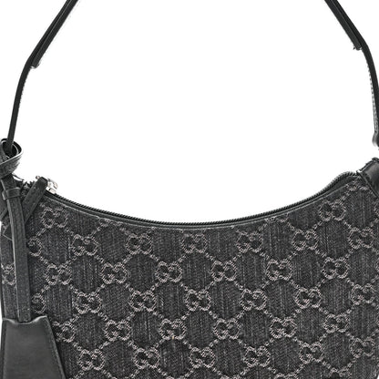 Jacquard Black Denim GG Monogram Horsebit Slim Small Shoulder Bag Black Grey