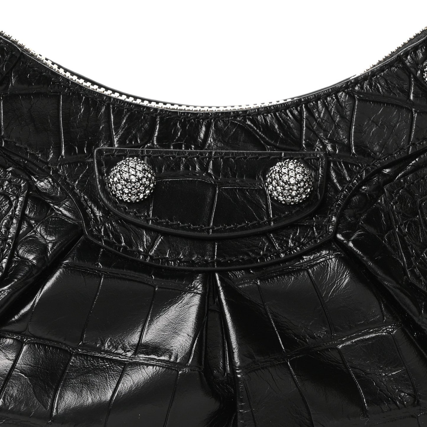 Extra Supple Calfskin Crystal Crocodile Embossed Le Cagole Shoulder Bag XS Black