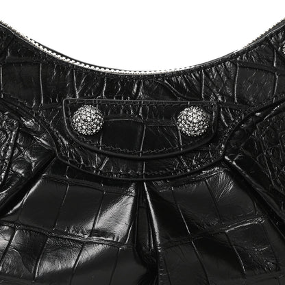 Extra Supple Calfskin Crystal Crocodile Embossed Le Cagole Shoulder Bag XS Black