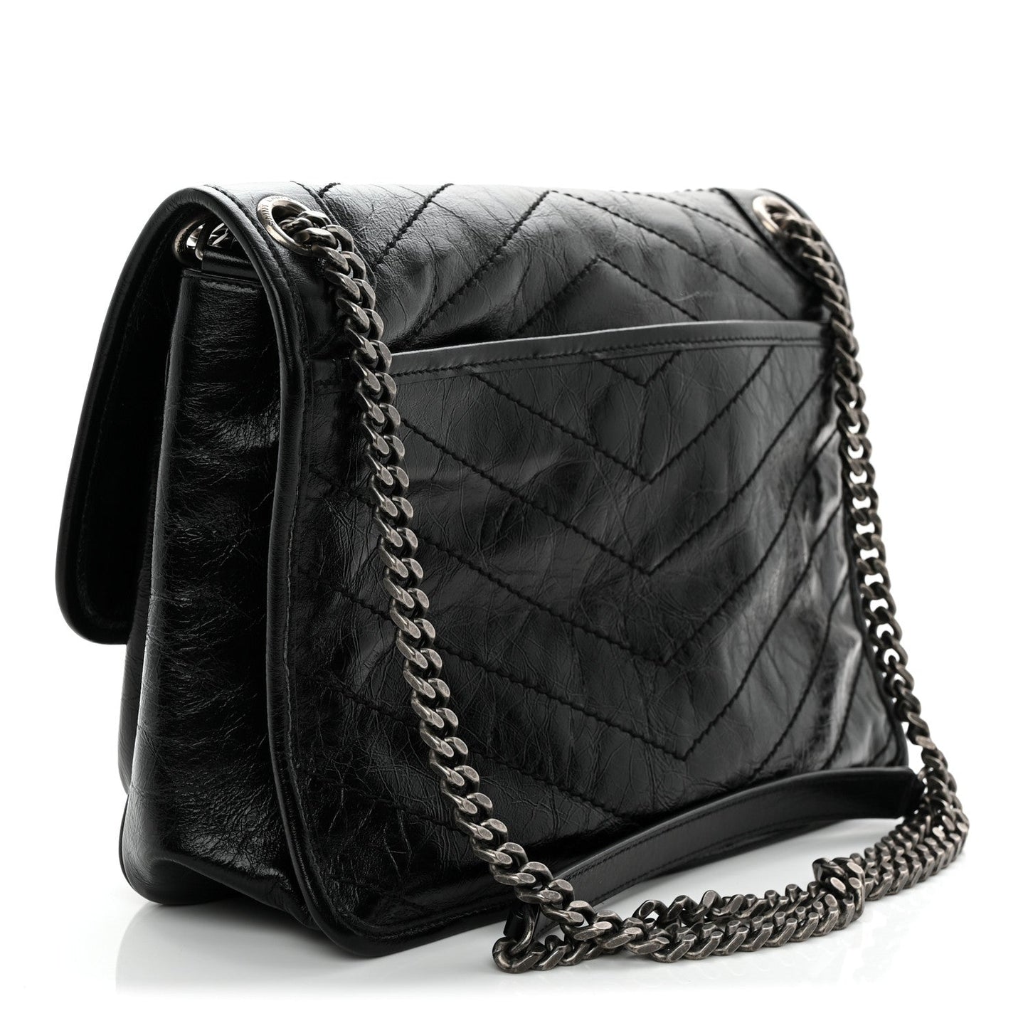 Crinkled Calfskin Matelasse Monogram Medium Niki Chain Satchel Black