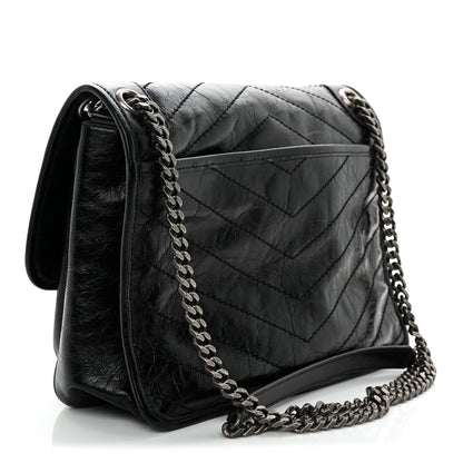 Crinkled Calfskin Matelasse Monogram Medium Niki Chain Satchel Black