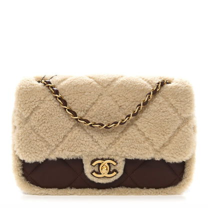 Shearling Lambskin Quilted Furry Coco Flap Beige Dark Brown