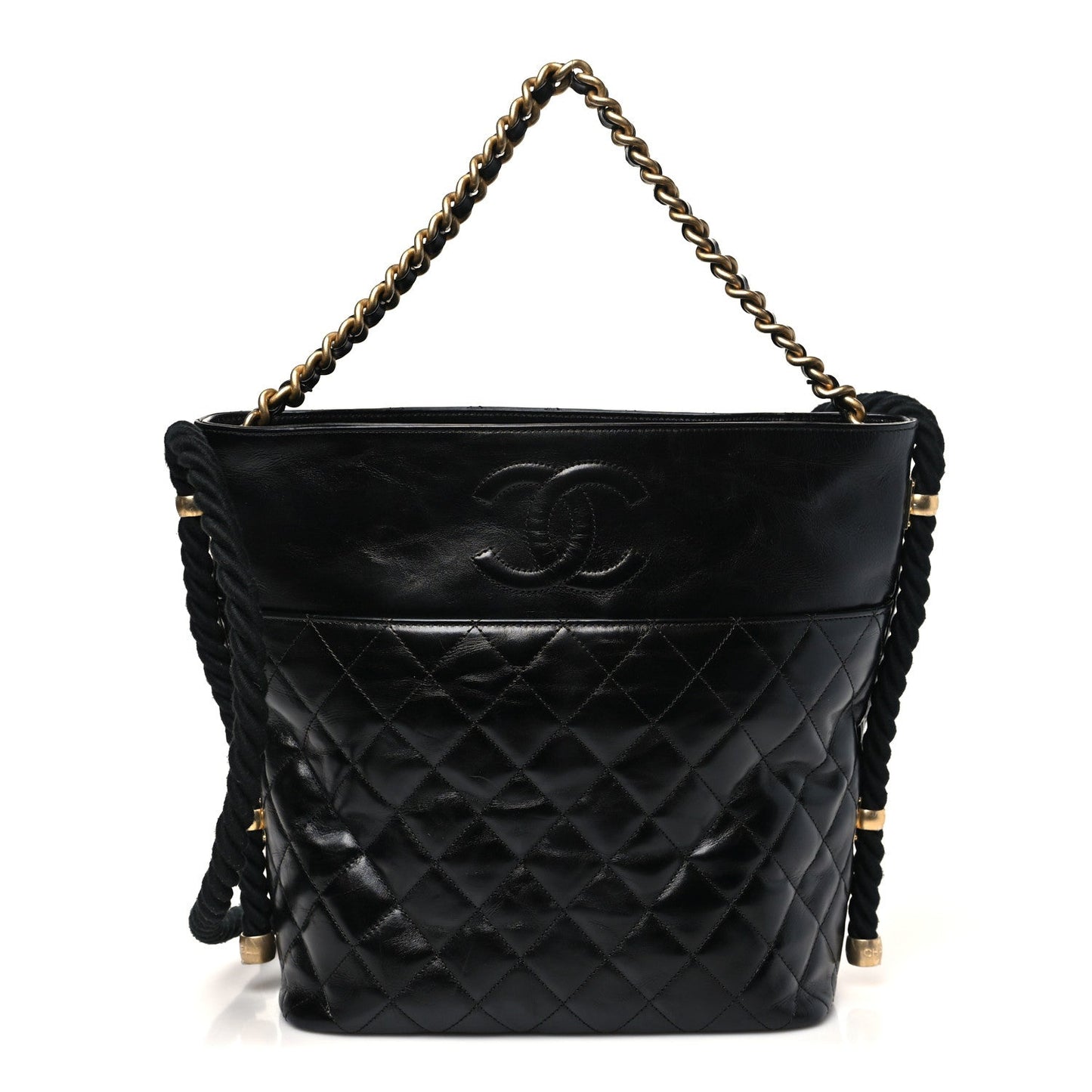 Crumpled Calfskin En Vogue Rope Hobo Bag Black
