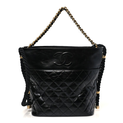 Crumpled Calfskin En Vogue Rope Hobo Bag Black