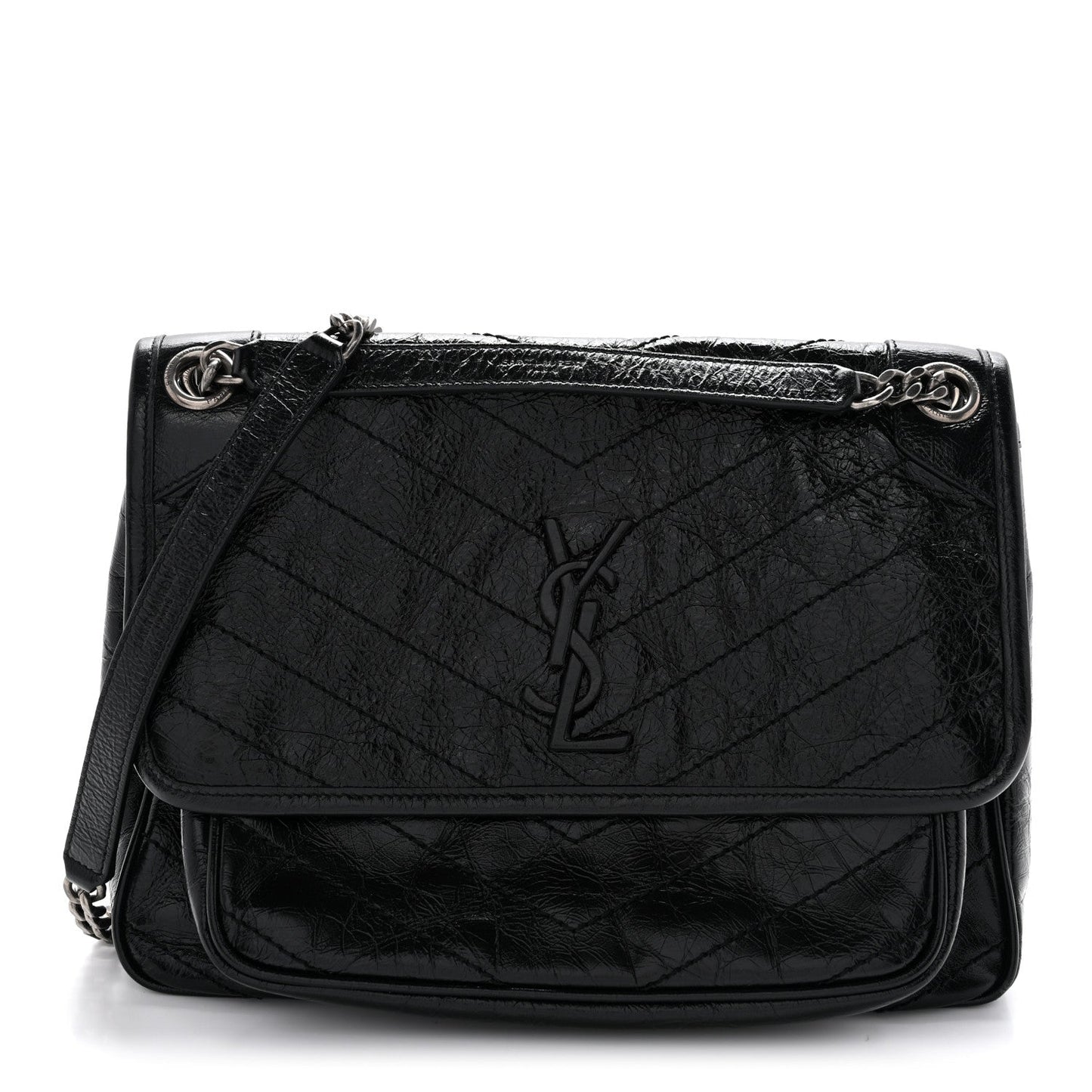 Crinkled Calfskin Matelasse Monogram Medium Niki Chain Satchel Black