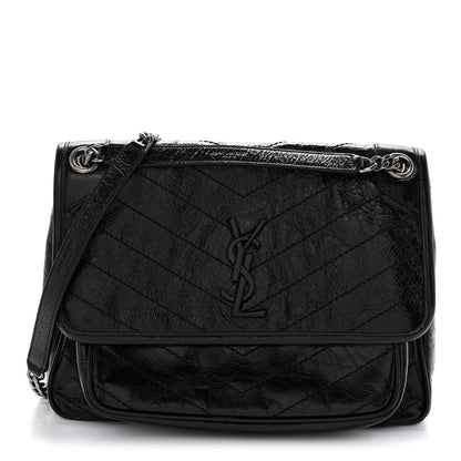 Crinkled Calfskin Matelasse Monogram Medium Niki Chain Satchel Black