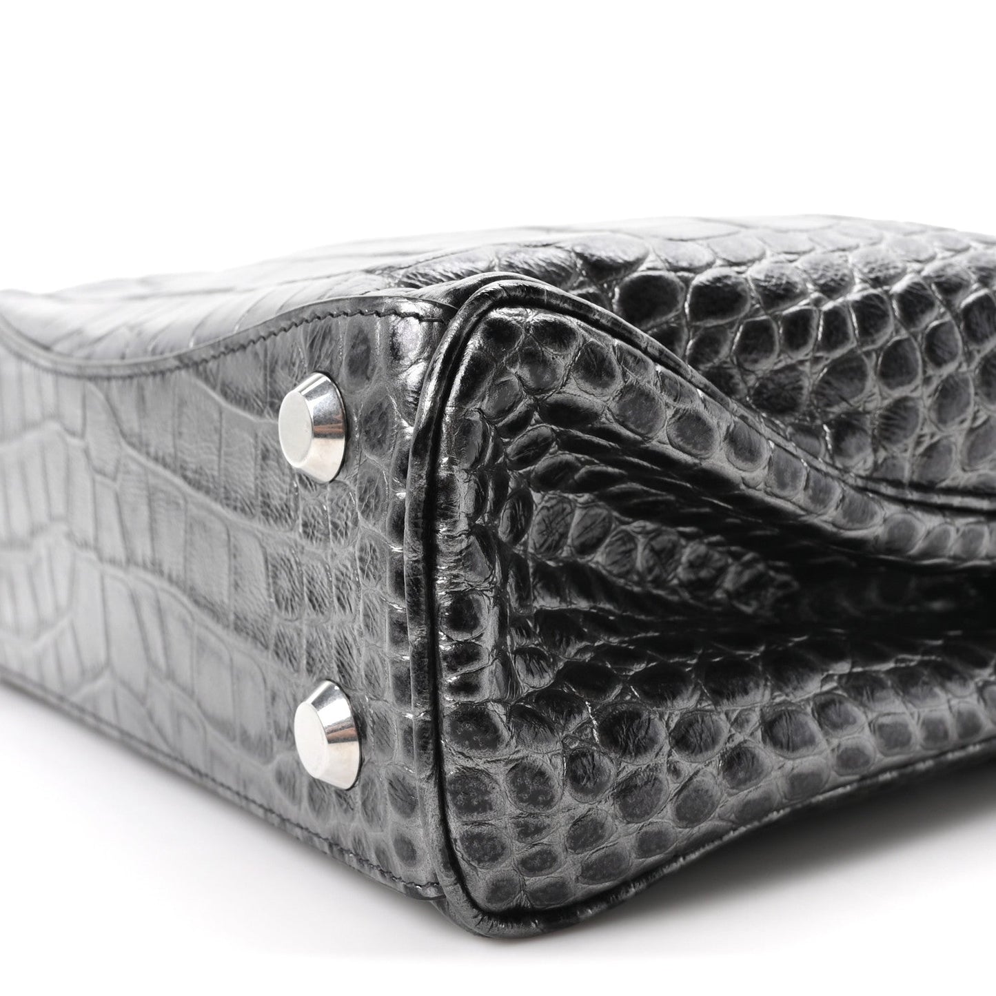 Metallized Calfskin Crocodile Embossed Mini Rodeo Top Handle Handbag Gunmetal