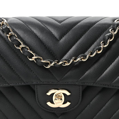 Caviar Chevron Quilted Small Double Flap Black