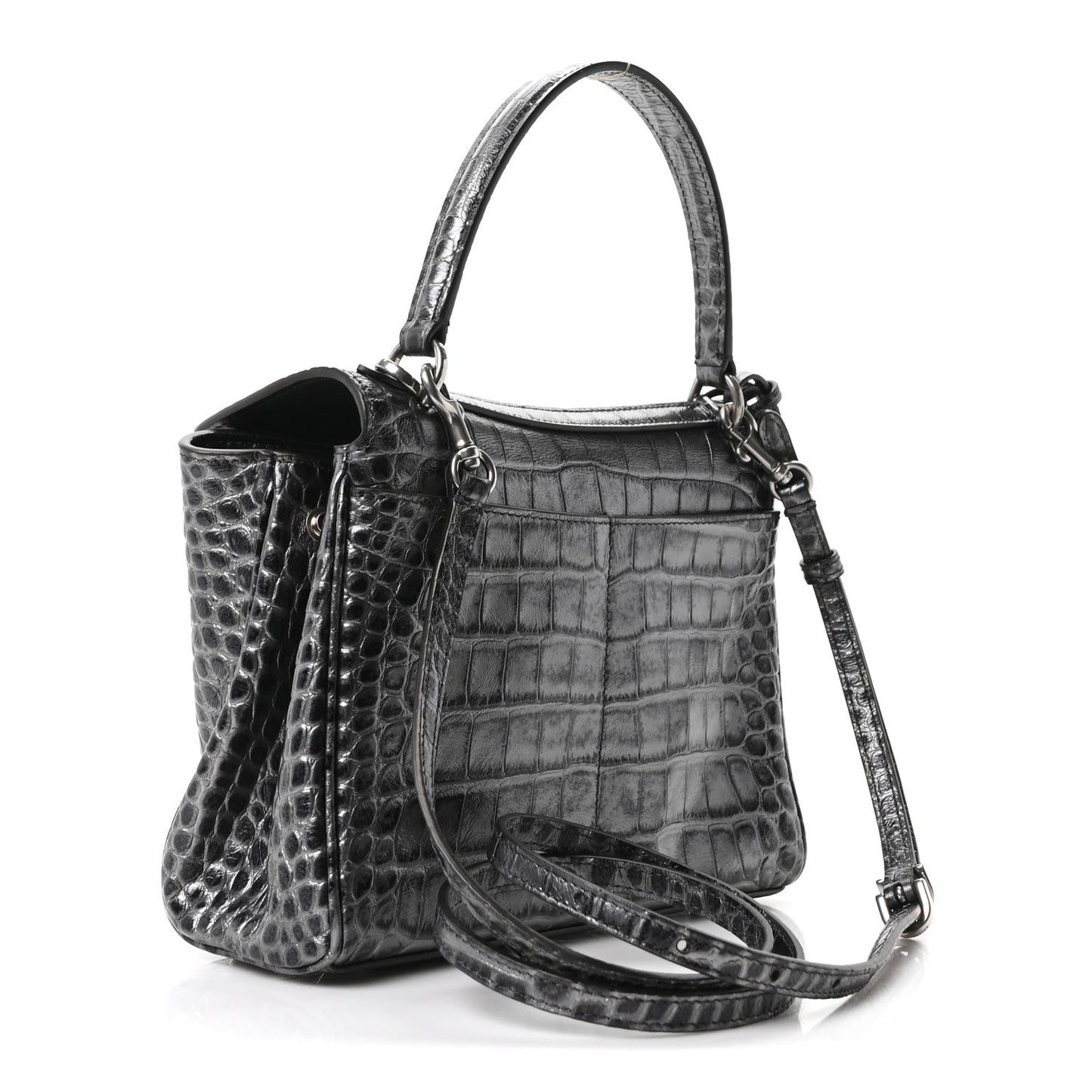 Metallized Calfskin Crocodile Embossed Mini Rodeo Top Handle Handbag Gunmetal