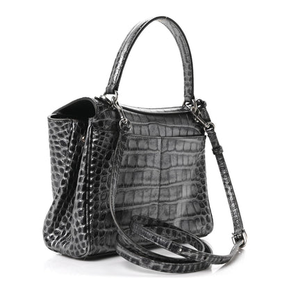 Metallized Calfskin Crocodile Embossed Mini Rodeo Top Handle Handbag Gunmetal