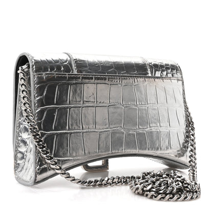 Metallic Calfskin Crocodile Embossed Hourglass Chain Bag Silver