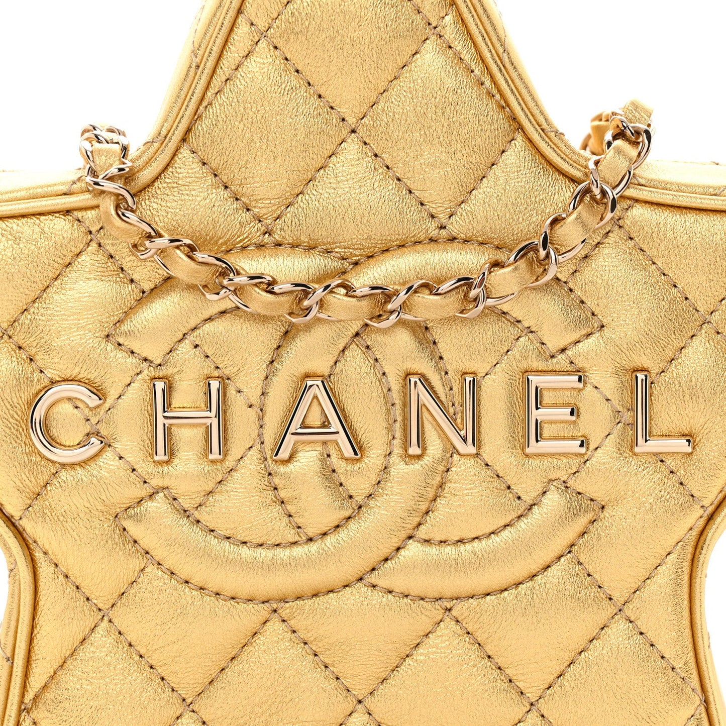 Metallic Lambskin Quilted Walk Of Fame Star Bag Gold