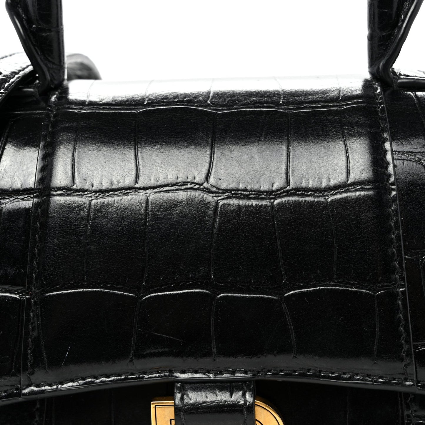 Shiny Calfskin Crocodile Embossed Hourglass Top Handle Bag XS Black
