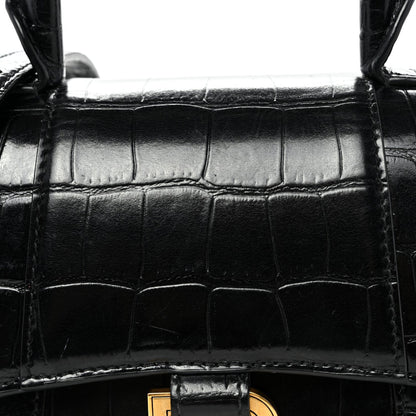 Shiny Calfskin Crocodile Embossed Hourglass Top Handle Bag XS Black
