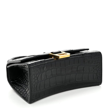 Shiny Calfskin Crocodile Embossed Hourglass Top Handle Bag XS Black