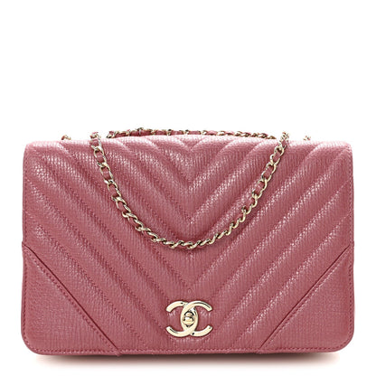 Metallic Calfskin Chevron Quilted Small Statement Flap Pink