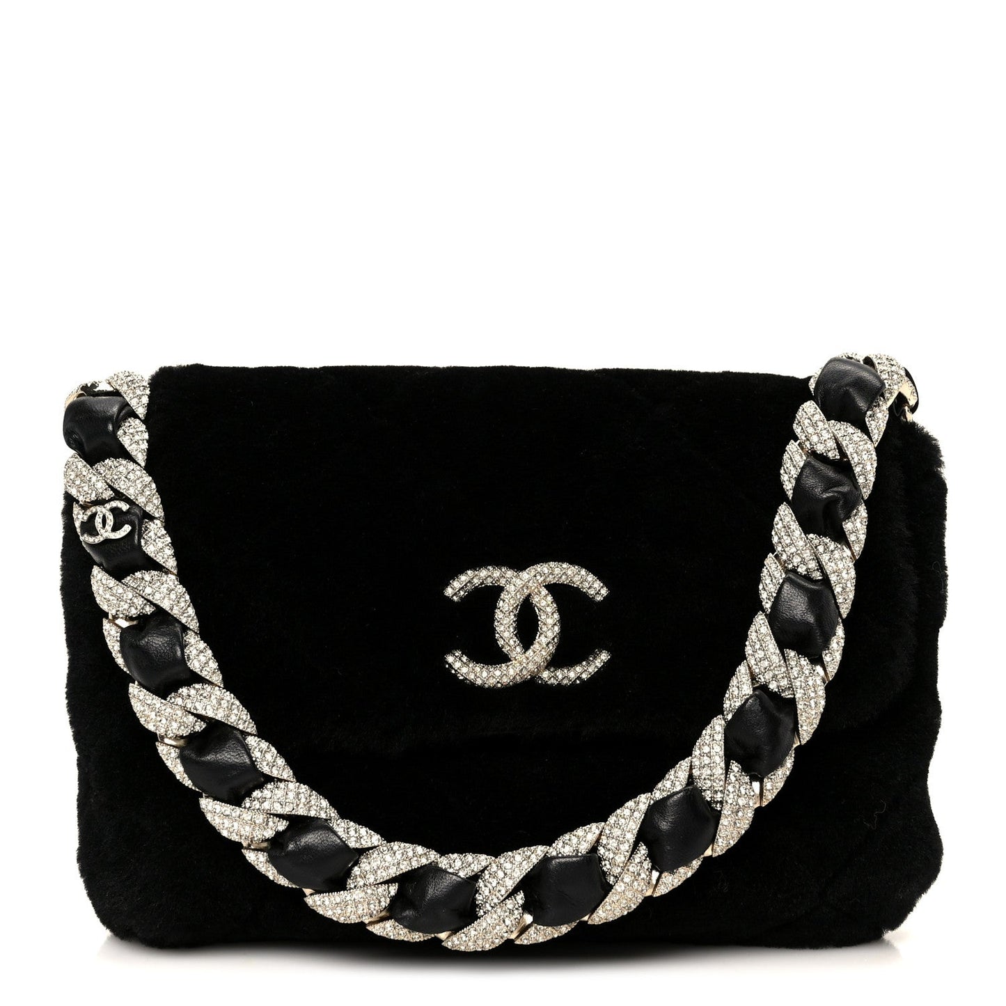 Shearling Lambskin Crystal Strass Flap Black