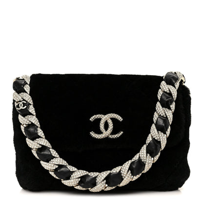 Shearling Lambskin Crystal Strass Flap Black