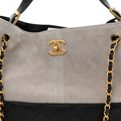 Suede Calfskin Shiny Lambskin Quilted Small Coco Base Shopping Bag Grey Black