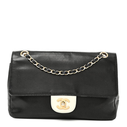 Lambskin Perforated Medium Single Flap Bag Black White
