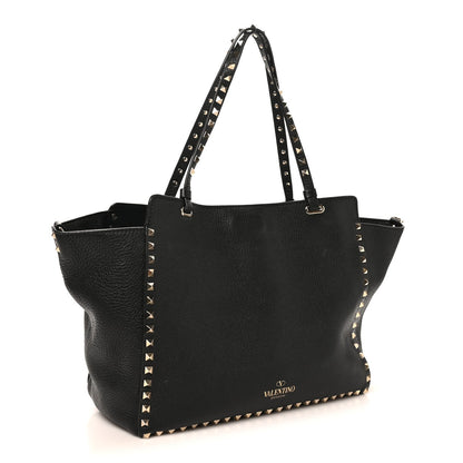 Pebbled Calfskin Medium Rockstud Tote Black